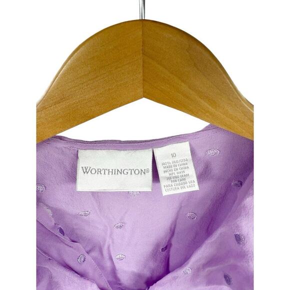 Vintage Y2K Worthington Purple Ruffle Swiss Dot Blouse Silk Fairy Womens 10 - Picture 2 of 5